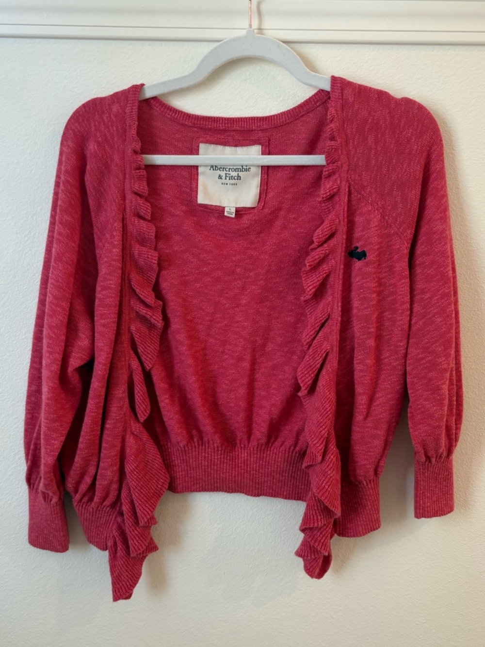 Abercrombie & Fitch Vintage Y2K Early 2000s Fuchsia Ruffle-Trim Open Cardigan